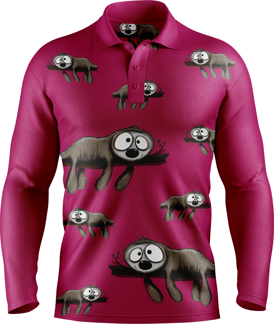 Snoozy Sloth Men's Long Sleeve Polo - fungear.com.au