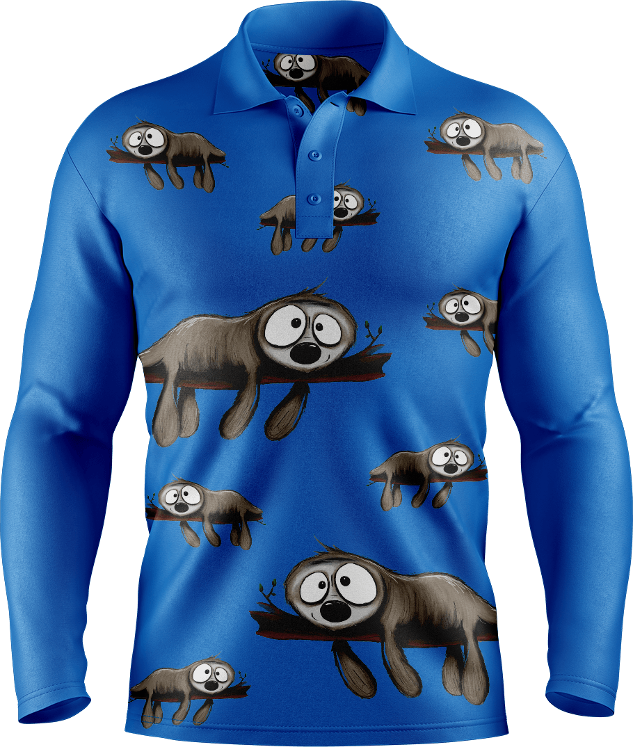 Snoozy Sloth Men's Long Sleeve Polo - fungear.com.au