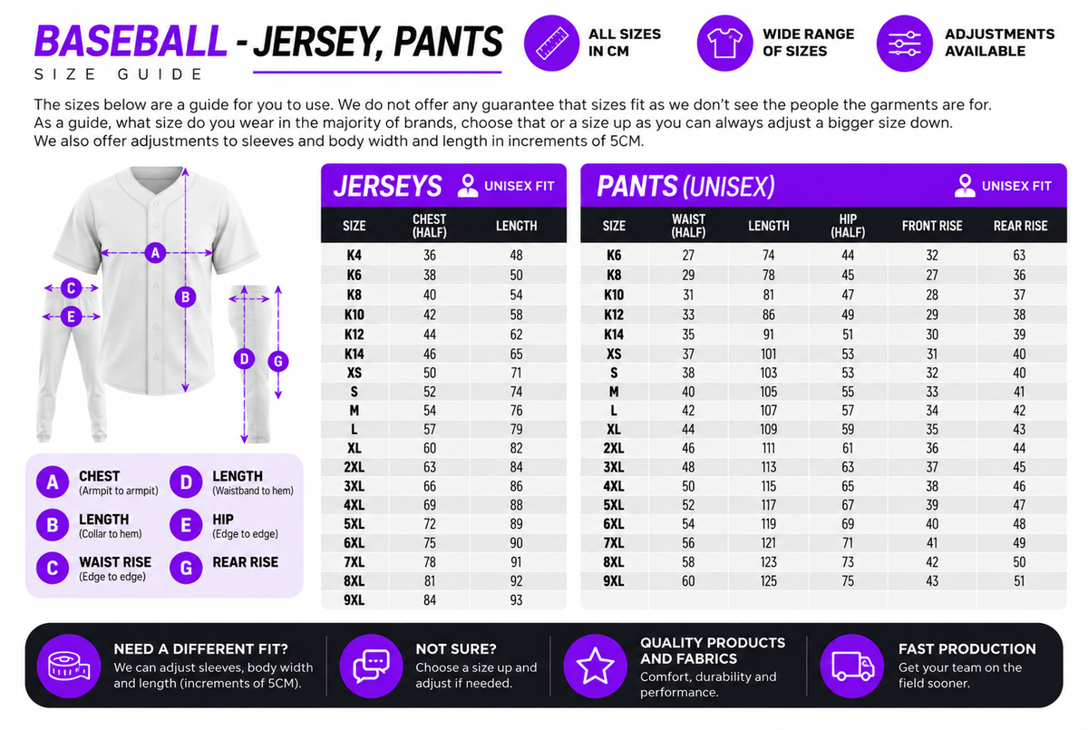 Baseball Jerseys size chart