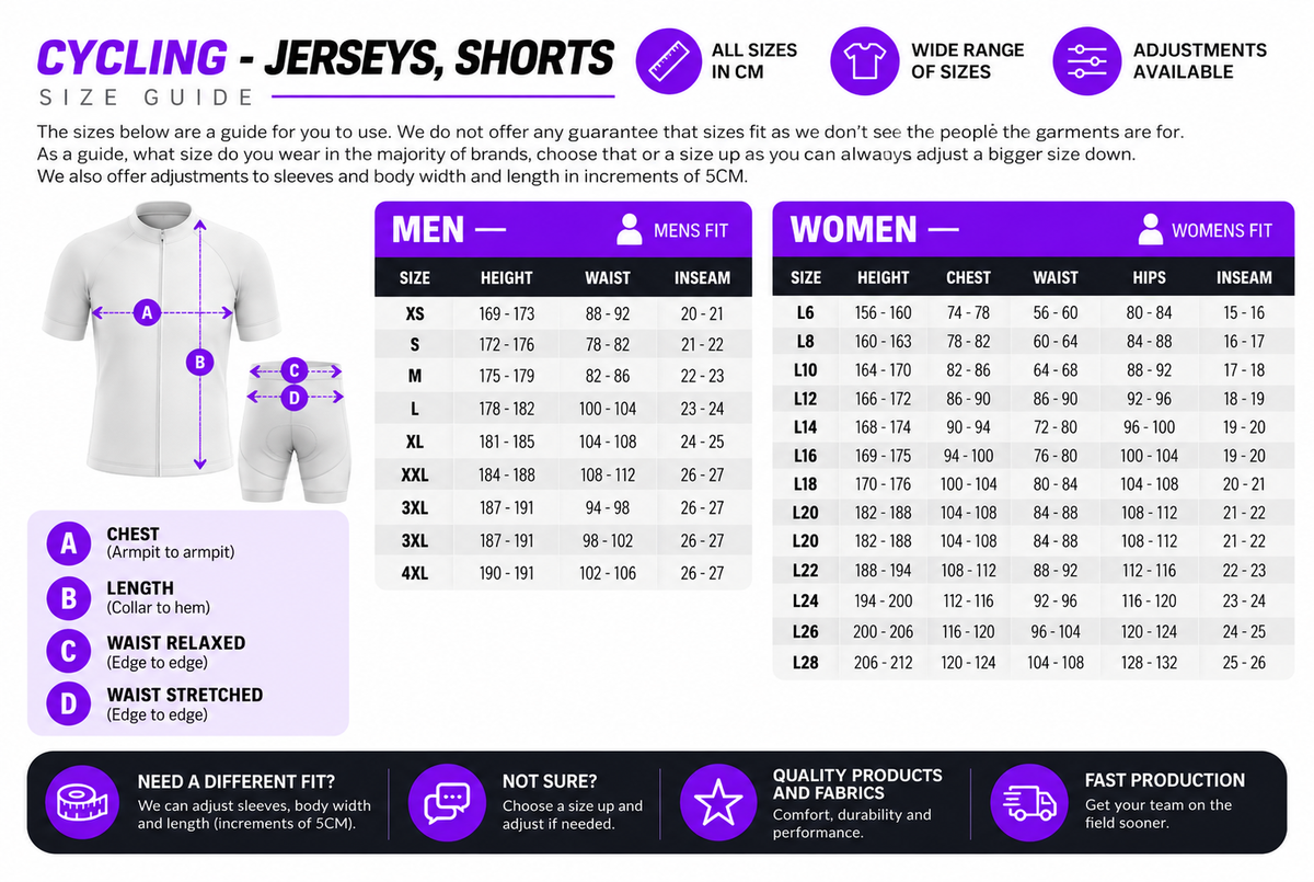 Tops - Cycling size chart