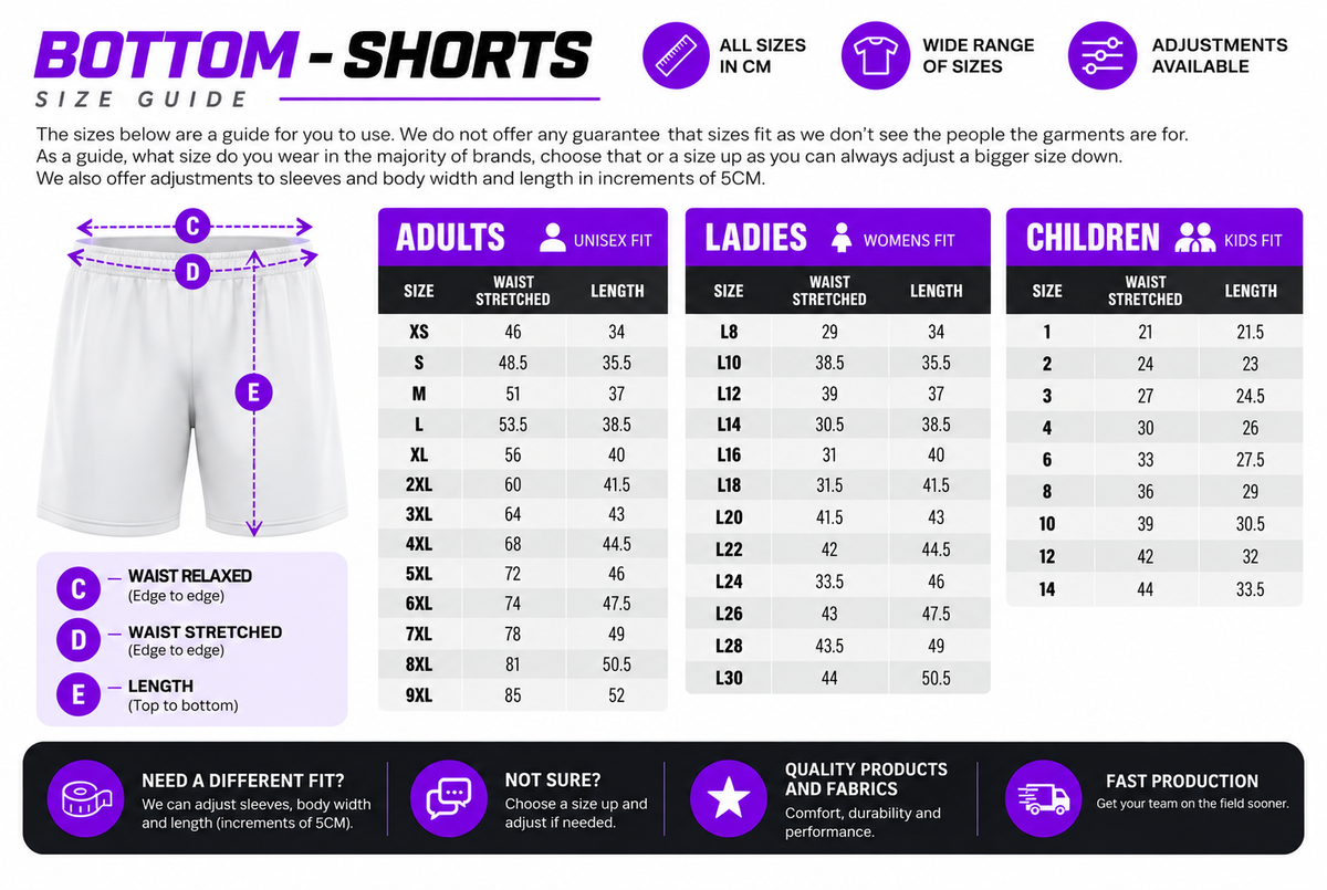 Bottoms - Shorts size chart