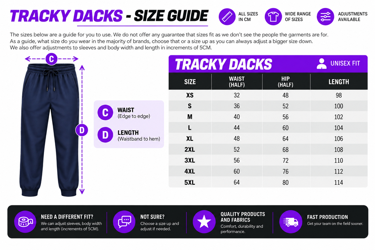 Tracky Dacks size chart