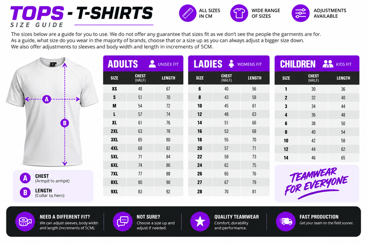Tops - T-Shirts size chart