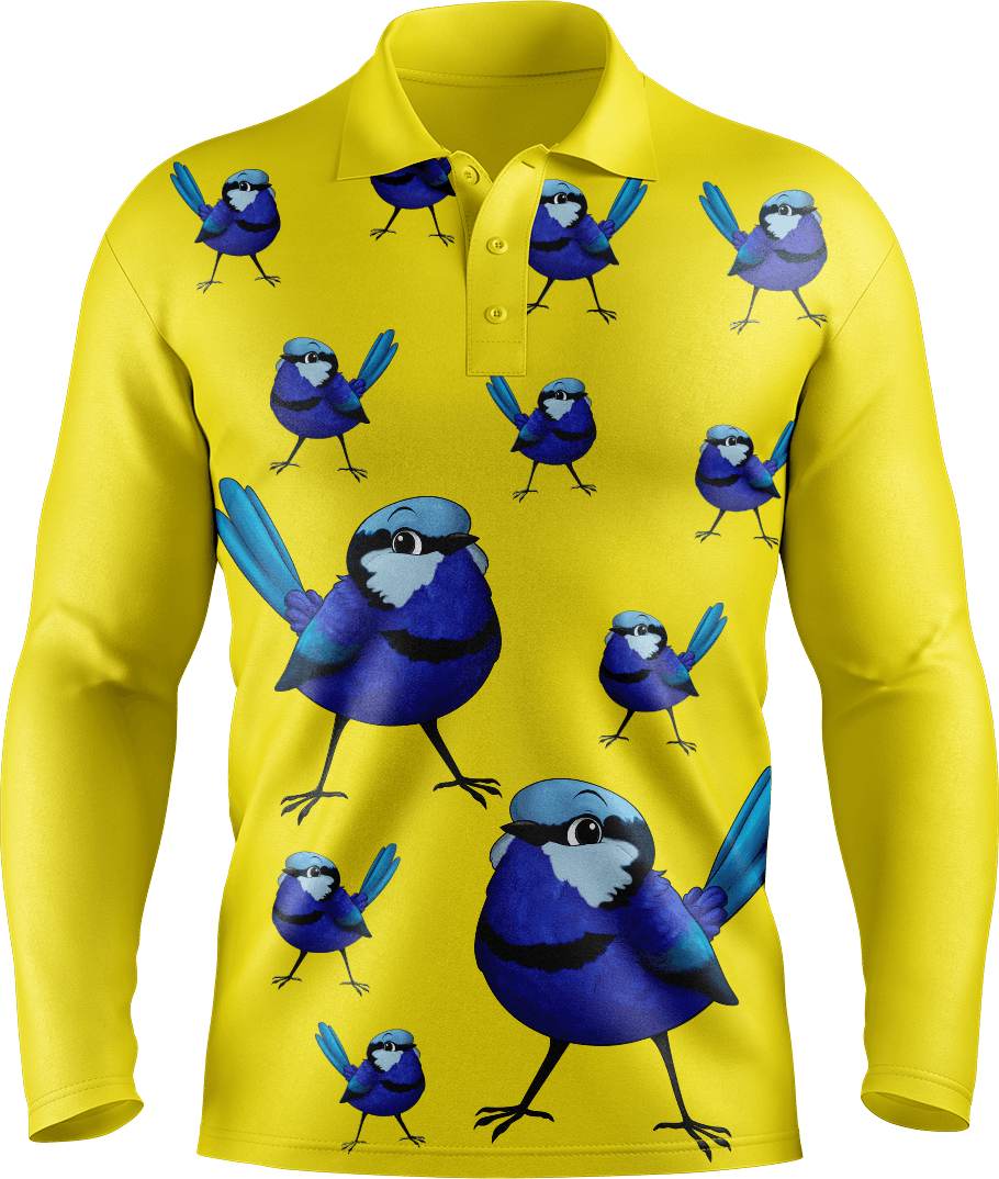 Blue Wren Men's Long Sleeve Polo - fungear.com.au