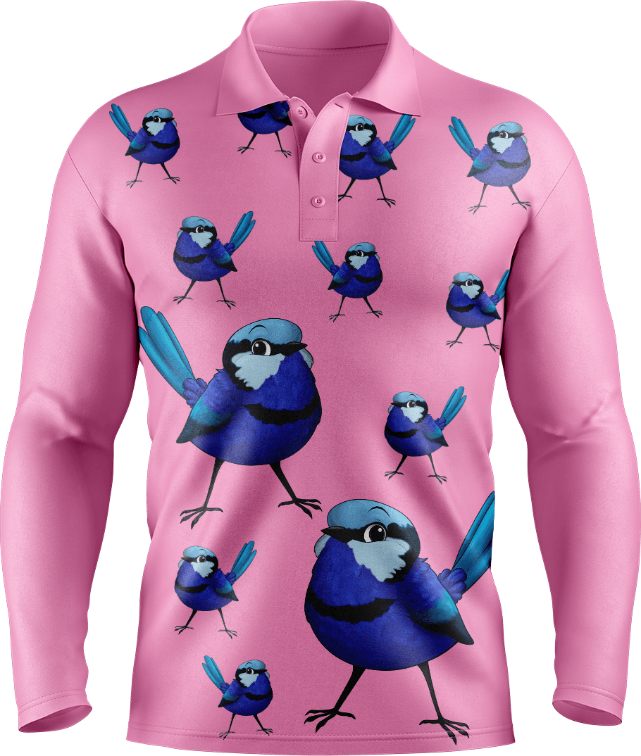 Blue Wren Men's Long Sleeve Polo - fungear.com.au