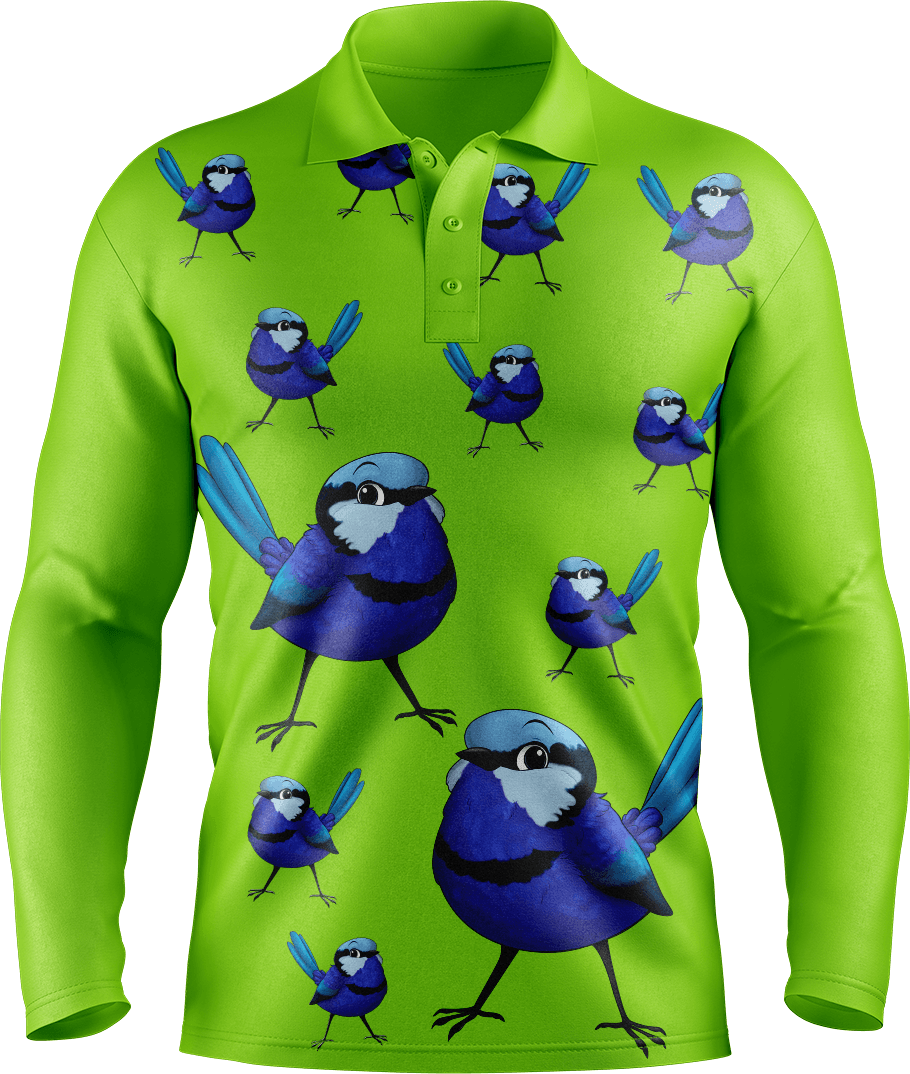 Blue Wren Men's Long Sleeve Polo - fungear.com.au