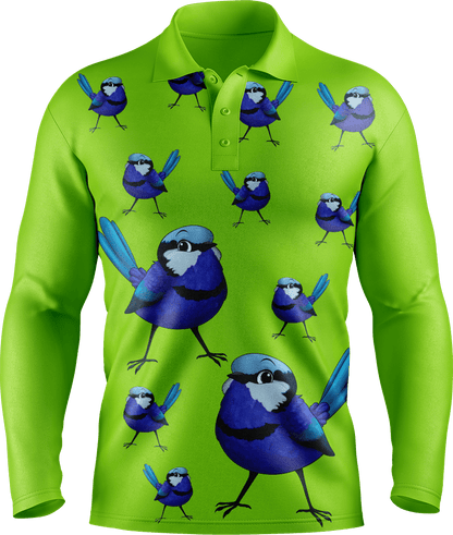 Blue Wren Men's Long Sleeve Polo - fungear.com.au