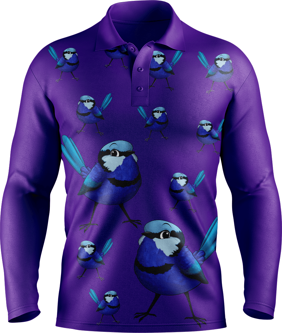 Blue Wren Men's Long Sleeve Polo - fungear.com.au