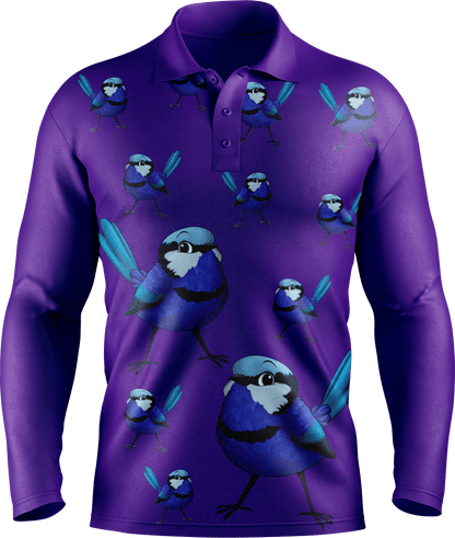 Blue Wren Men's Long Sleeve Polo - fungear.com.au