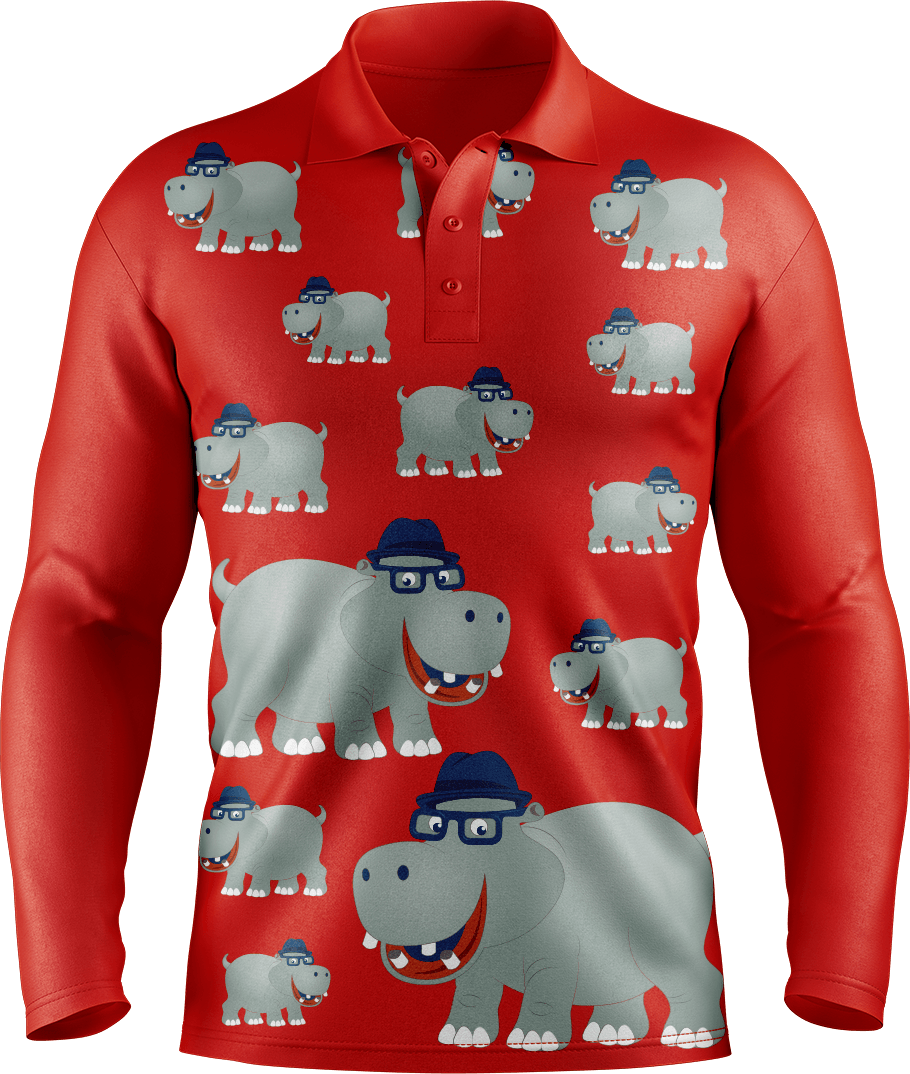 Hungry Hippo Men's Long Sleeve Polo - fungear.com.au