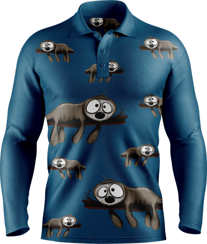 Snoozy Sloth Men's Long Sleeve Polo - fungear.com.au